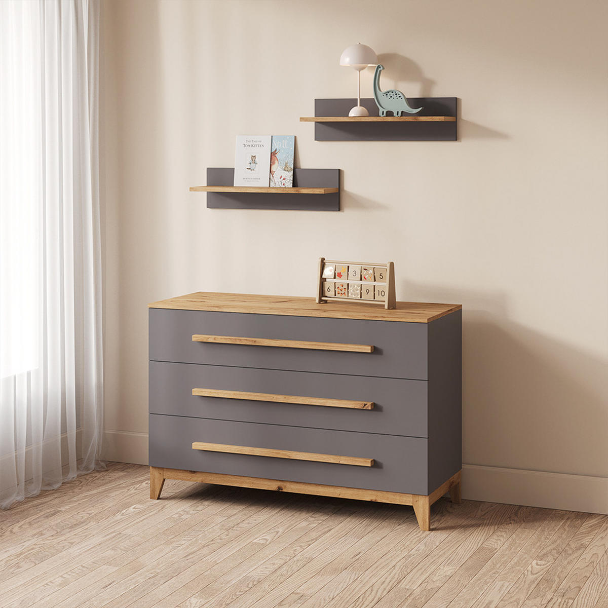 WICKELKOMMODE Mailo Grau/Artisan XL mit 3 Schubladen - Eiche Artisan/Grau, Holzwerkstoff (133/98/70cm) - Livinity®