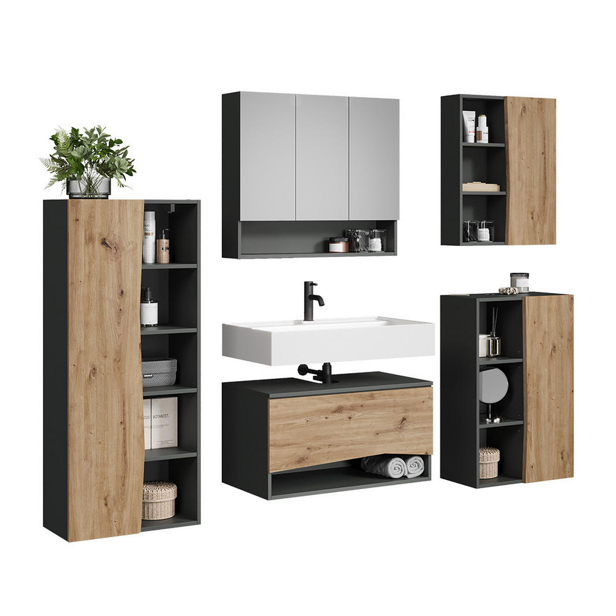 BADMÖBEL-SET Willow Artisan 5 Teile - Anthrazit/Hellgrau, Holzwerkstoff (80/42.8/43cm) - Vicco