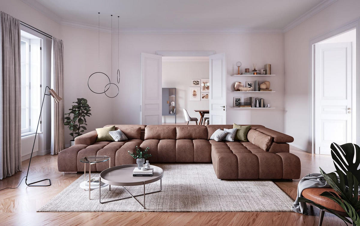 WOHNLANDSCHAFT XXL mit verstellbaren Kopflehnen - Silberfarben/Braun, Textil/Metall (225/73/409cm) - Cotta