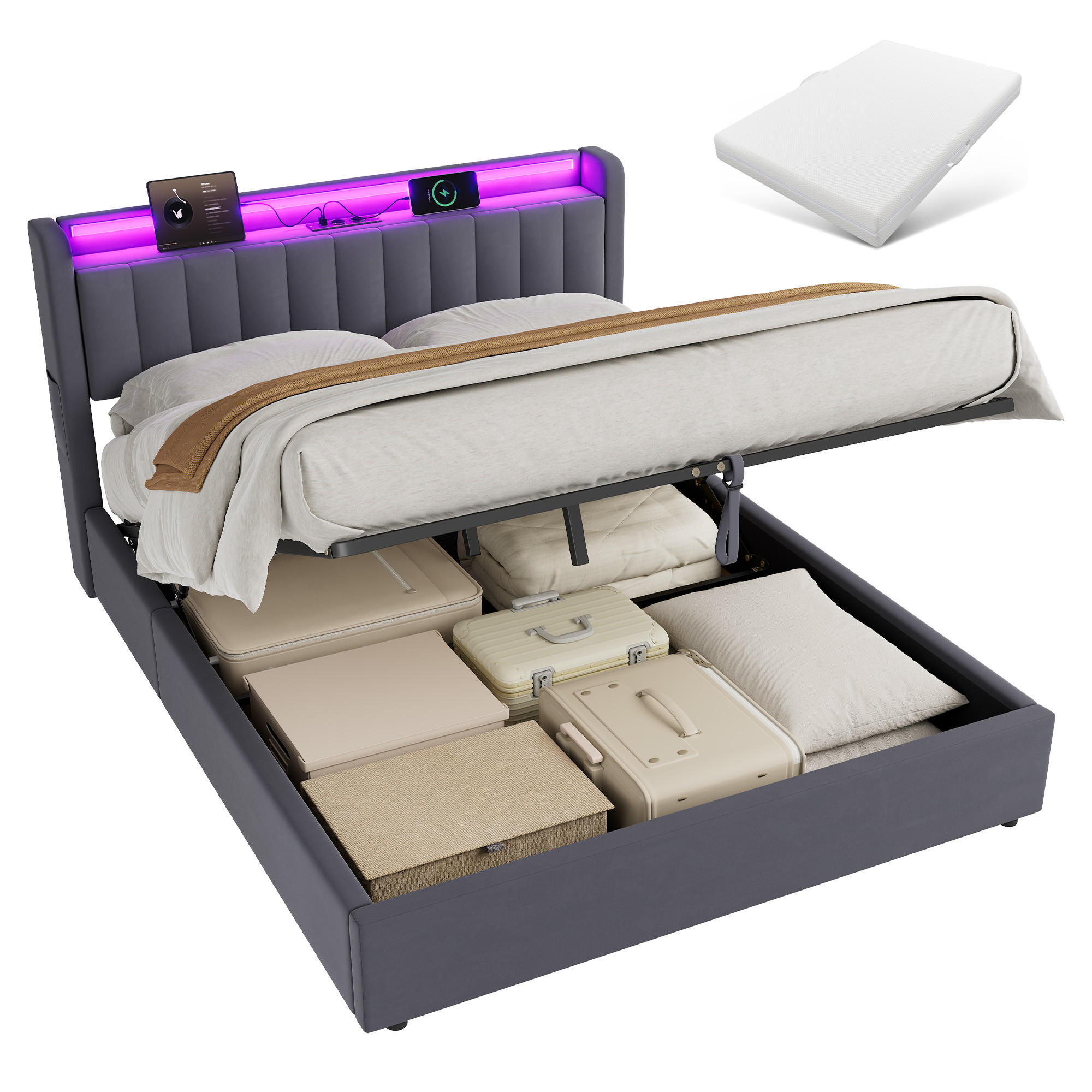 ČALOUNĚNÁ POSTEL 160/200 cm s matrací a úložným prostorem, se zásuvkou a LED osvětlením - šedá, kov/kompozitní dřevo (160/200cm) - STILVORA