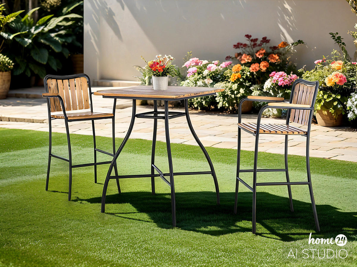 GARTENBARTISCH - Stahl / Akazie massiv - Schwarz / Braun - Schwarz/Akaziefarben, Holz/Metall (80/80/100cm) - home24