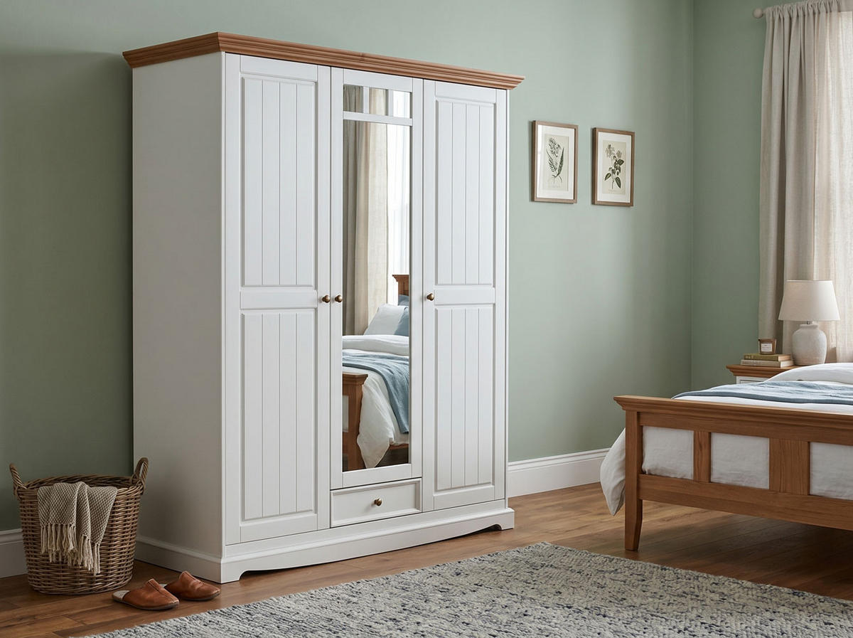 KLEIDERSCHRANK Belluno Elegante Kiefer weiß (RAL9010) lackiert / Kiefer gebeizt, Eichefarben 155 / 64 / 190cm - Eichefarben/Weiß, Holz/Metall (155/190/64cm) - Feldmann-Wohnen