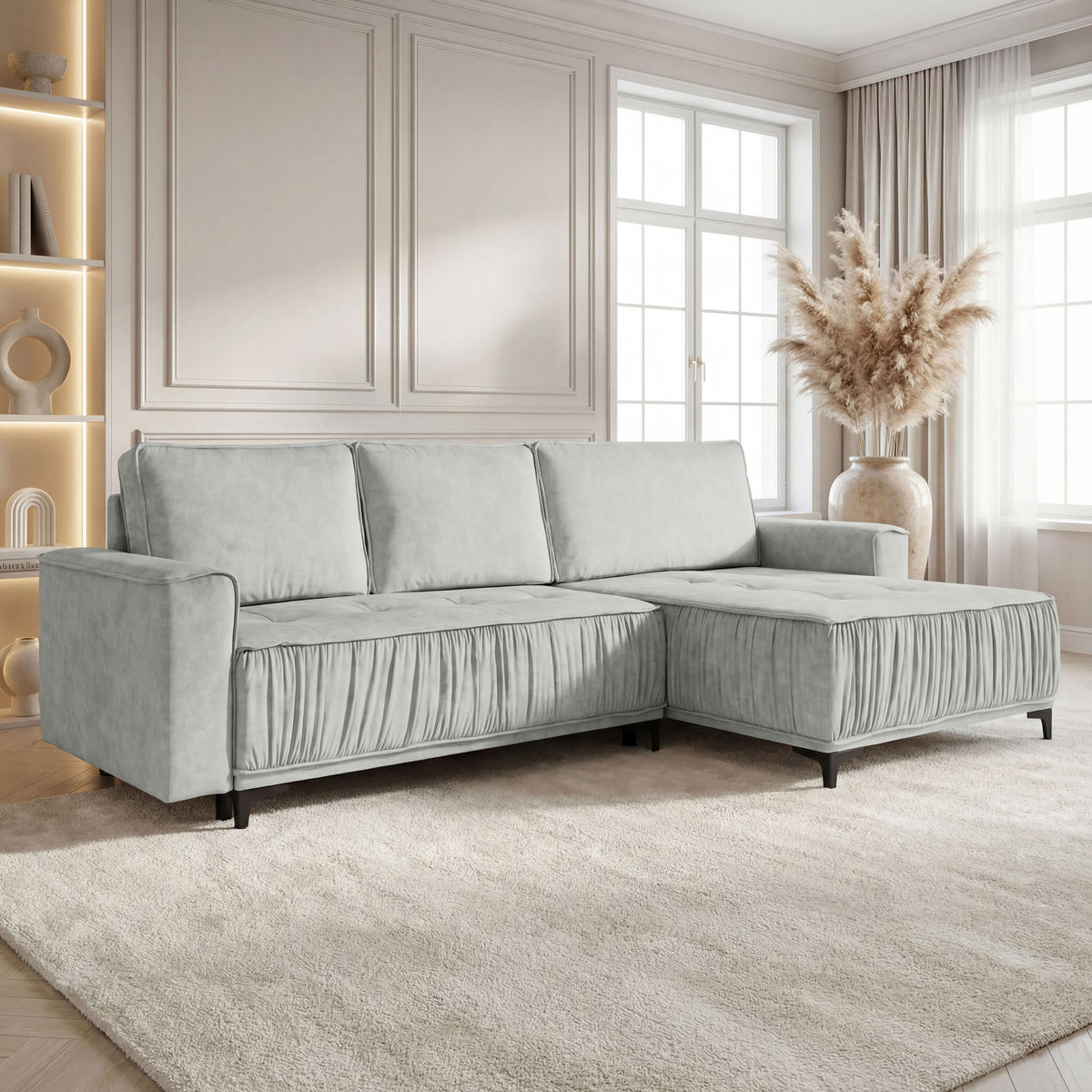 ECKSOFA Velora mit Schlaffunktion & Stauraum, Universell Rechts/Links, Silber Hellgrau Samt 270/92/150 cm - Silberfarben/Schwarz, Textil/Metall (270/150cm) - WFL GROUP