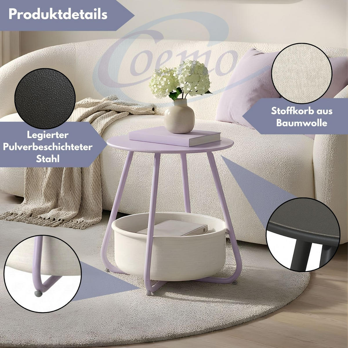 COUCHTISCH KOSI Metall mit Aufbewahrungskorb Canvas Lila - Lila, Metall (50/50/45cm) - Coemo