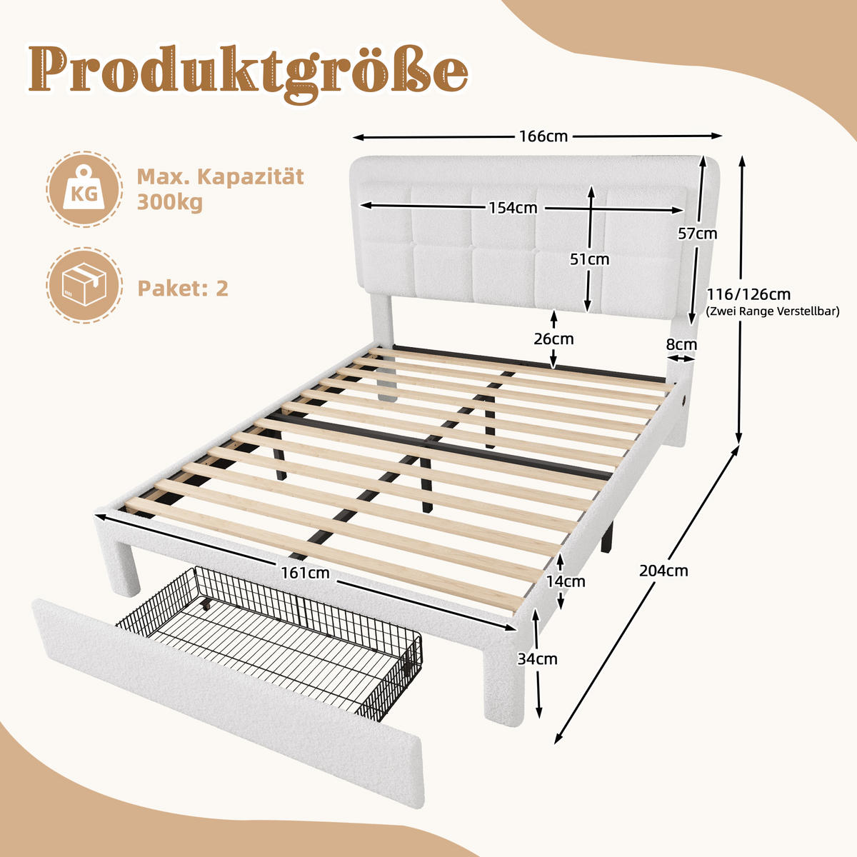 POLSTERBETT 160/200 cm weiß Teddy mit verstellbarem Kopfteil und USB-Anschluss - Weiß, Textil (160/200cm) - OKWISH