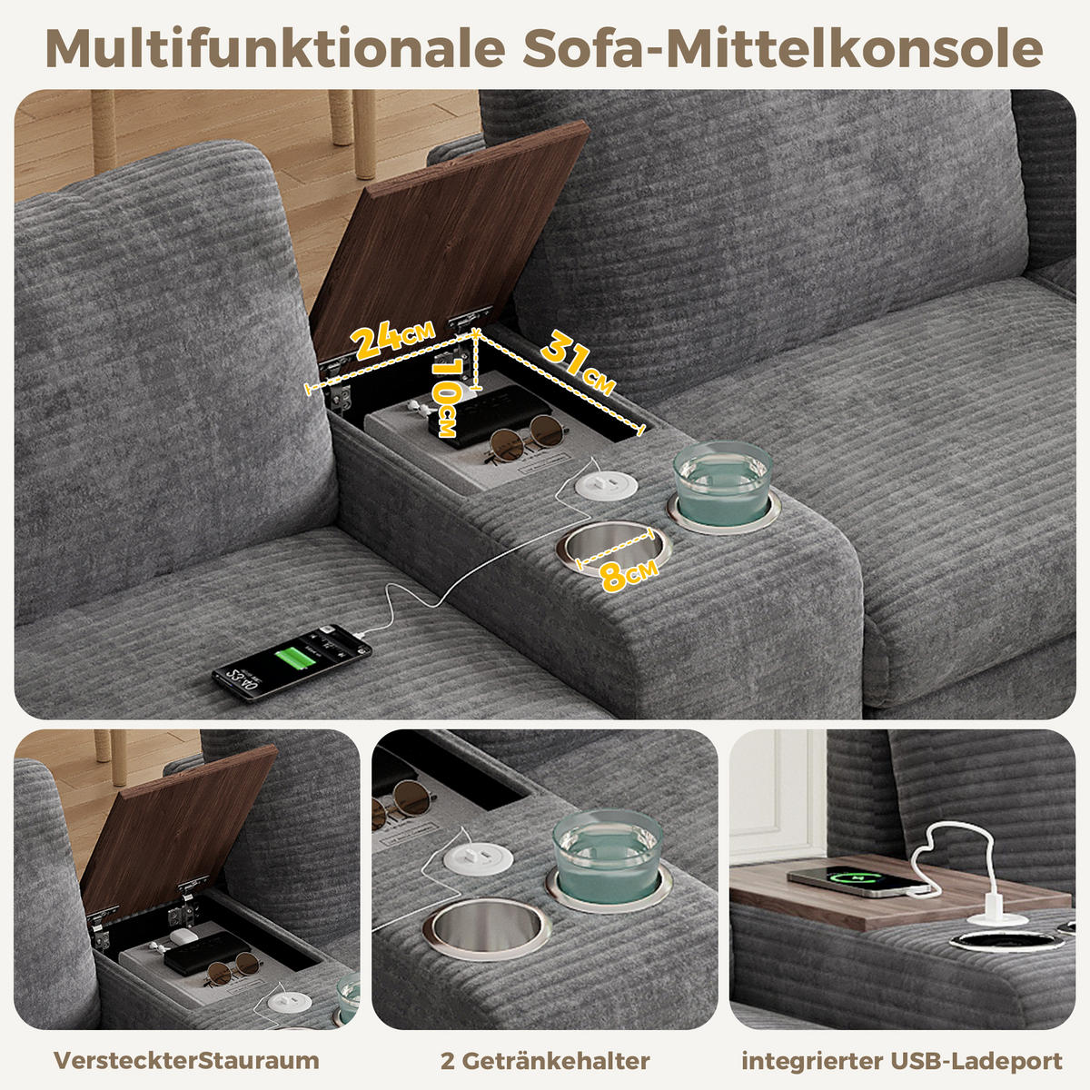 ECKSOFA mit Stauraum und USB Type-C in Grau - Grau, Textil (311/139cm) - EVRYAE