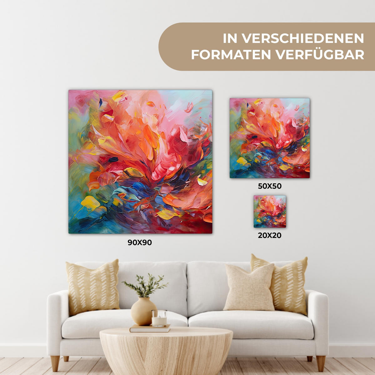 LEINWANDBILD Ölgemälde - Kunst - Abstrakt - Farbenfroh 90x90 cm - Altrosa, Textil (90/90cm) - MuchoWow