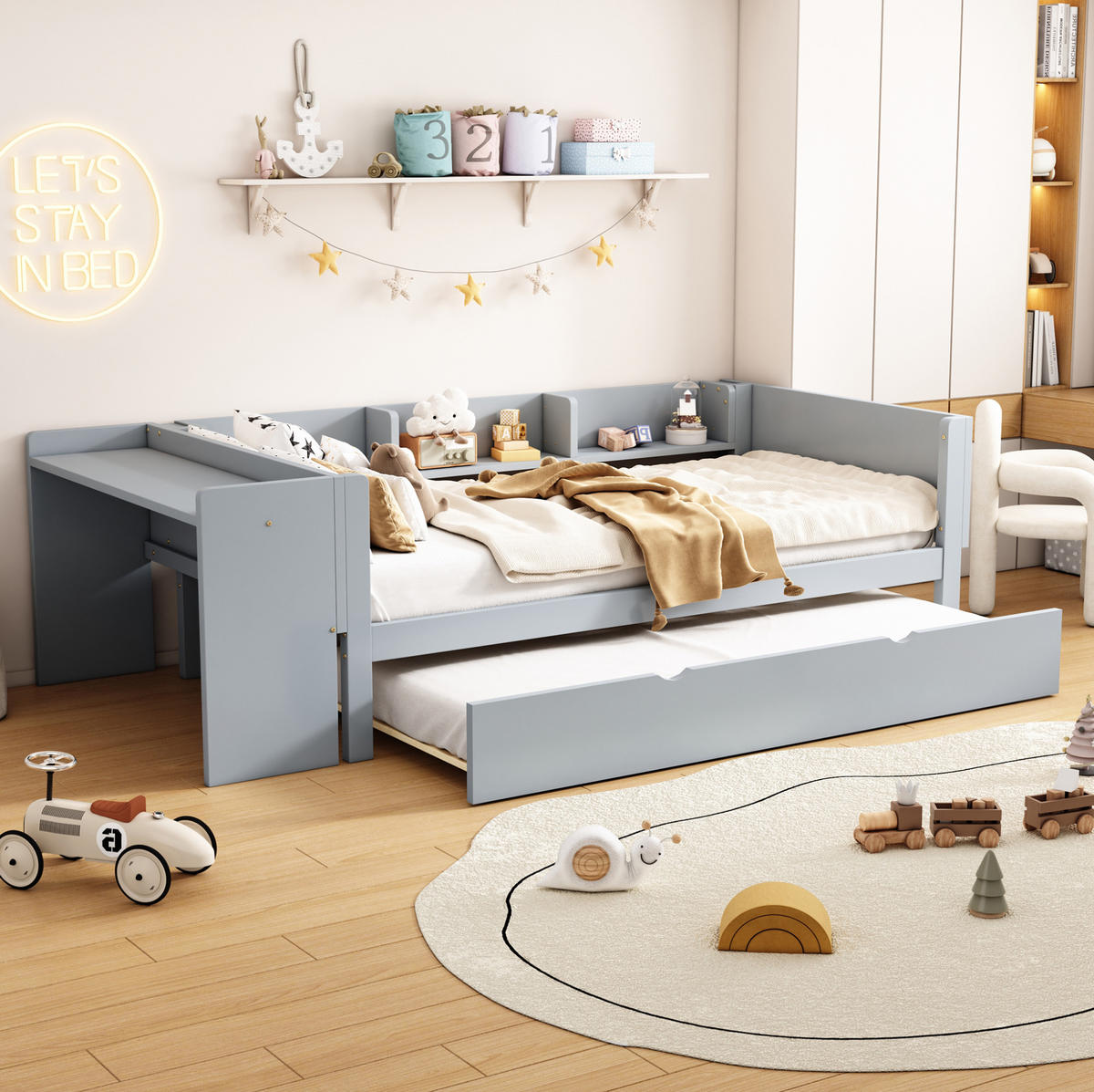 KINDERBETT 90/200 cm aus Kiefer und MDF mit Ausziehbett, Schreibtisch und 3 Regalfächern Grau - Grau, Holz (90/200cm) - Modenvie