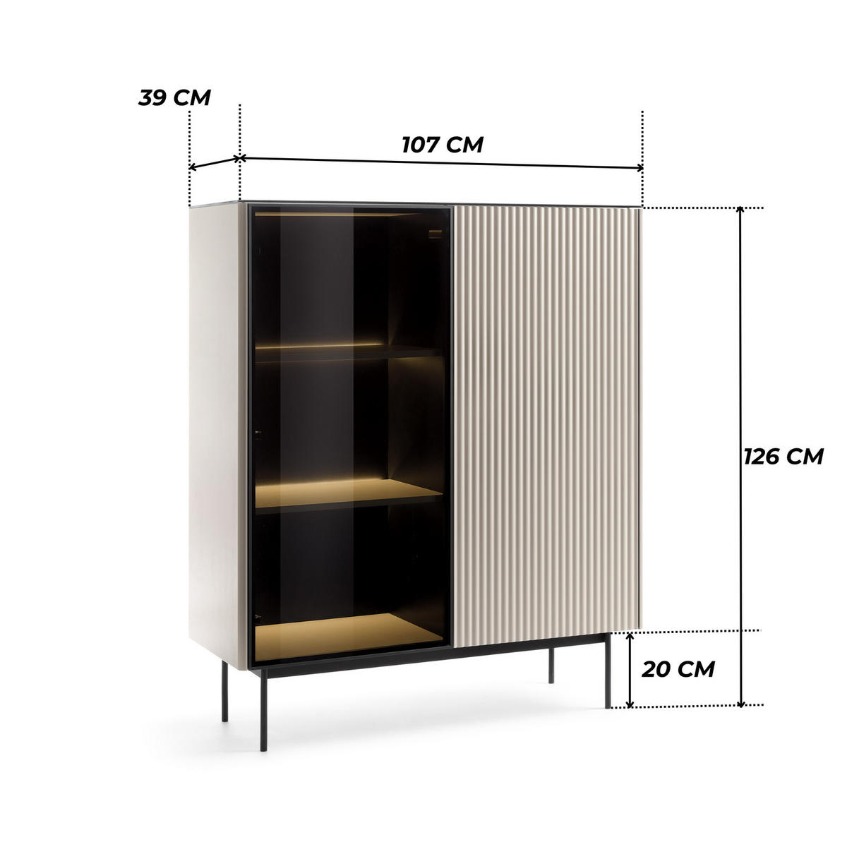 VITRINE DIJON WT107 107 cm (Kaschmir, Glasplatte, Antisol-Glas, LED) - Kaschmir/Schwarz, Glas/Holz (107/127/39cm) - Ravio