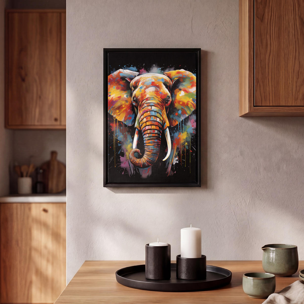 LEINWAND Bilder mit Rahmen - Elefant - Graffiti - Schwarz - Tiere - Farben - 20x30 - Schwarz, Textil (20/30cm) - MuchoWow