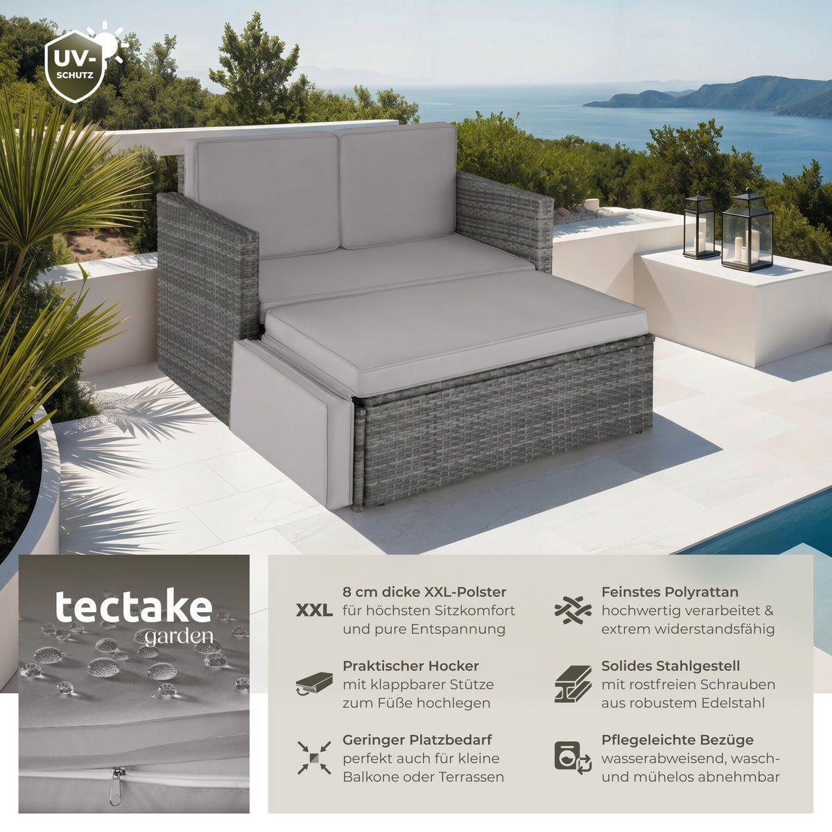 RATTANLOUNGE Korfu mit Sofa & Hocker, UV-beständig, Wasserabweisende Kissen, Grau, Sofa 119 x 64,5 x 71,5 cm - Grau, Kunststoff - tectake