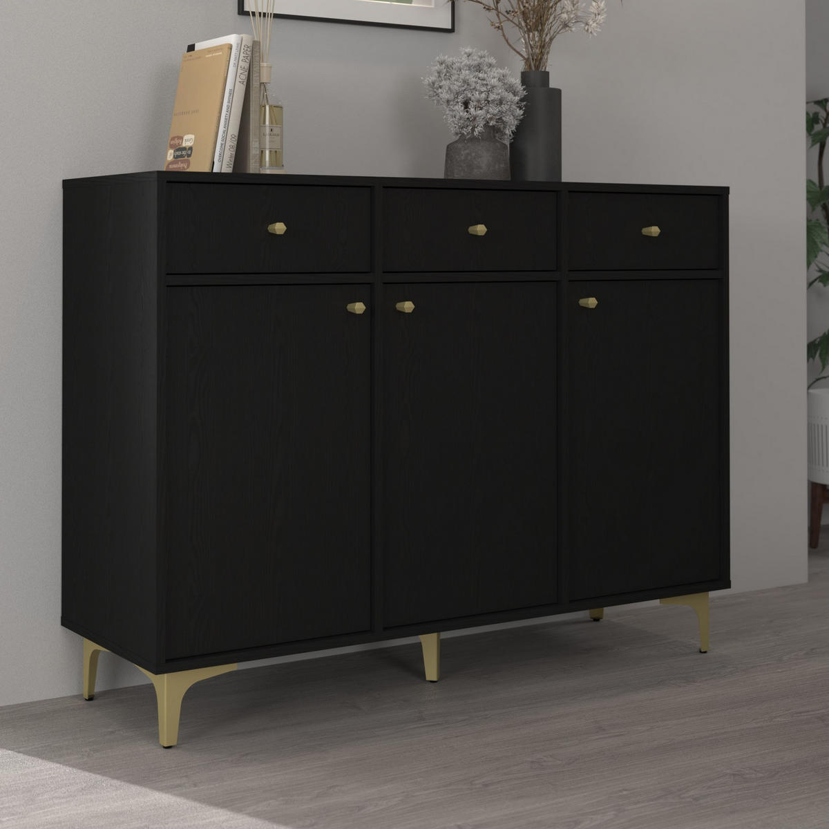 KOMMODE TORINO 125/94/41 cm mit 3 Schubladen 3 Türen Graphitfarben - Graphitfarben, Holzwerkstoff (125/94/41cm) - MASSENO