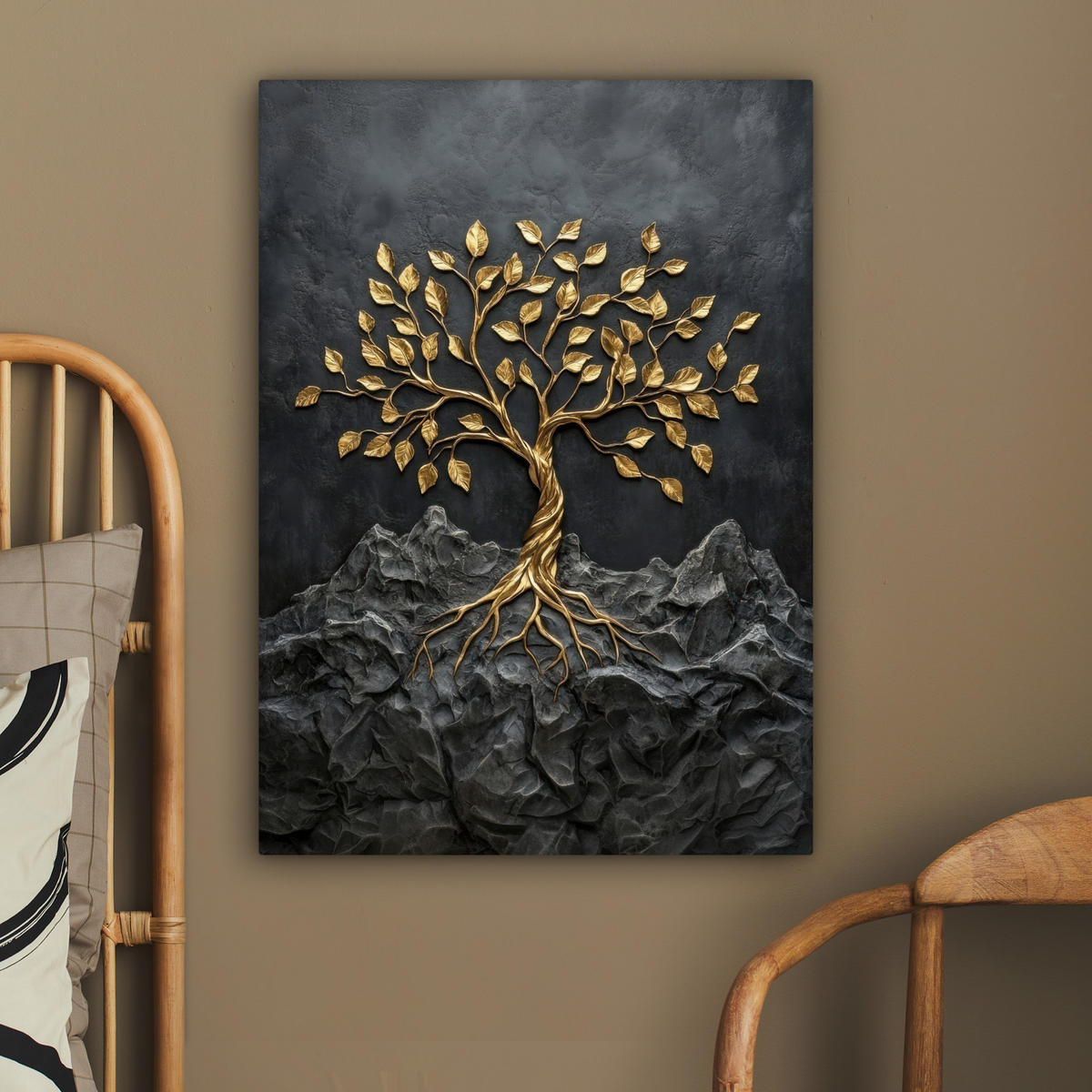 LEINWANDBILD Blätter - Gold - Baum - Fels Wandbild Wohnzimmer 60x80 cm - Schwarz, Textil (60/80cm) - MuchoWow