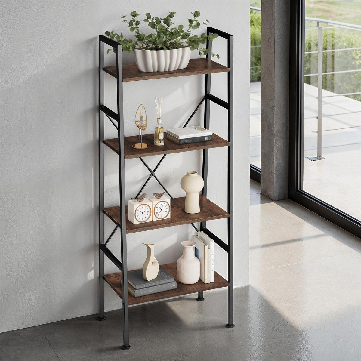 LEITERREGAL Newcastle,inklusive Kippschutz, 57,5 x 35,5 x 139 cm,Industrial Holz dunkel, rustikal - Rostfarben, Holz (35.5/139/57.5cm) - tectake
