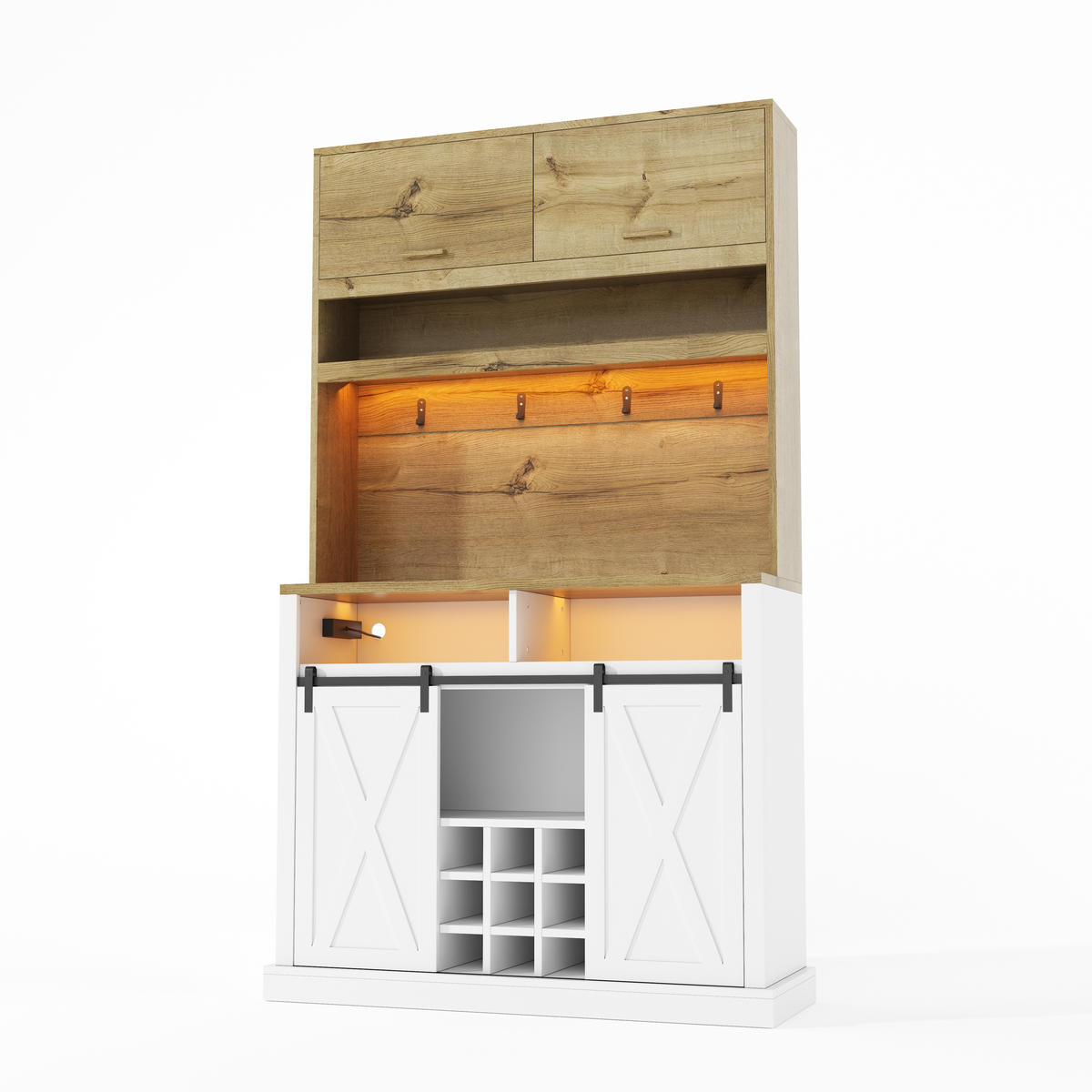 BUFFET 191 cm MDF Natur Weiß mit Vitrine, Weinregal und RGB-LED - Weiß, Holzwerkstoff (40/191/110cm) - Korfee