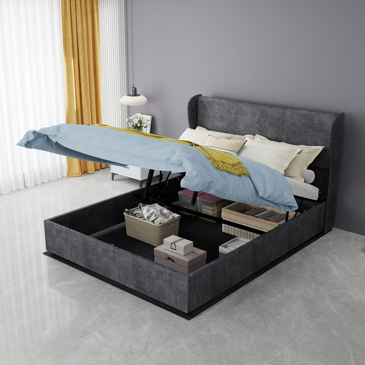 POLSTERBETT 140/200 cm in Grau mit gepolstertem Kopfteil Samt - Grau, Holzwerkstoff/Textil (140/200cm) - STILVORA