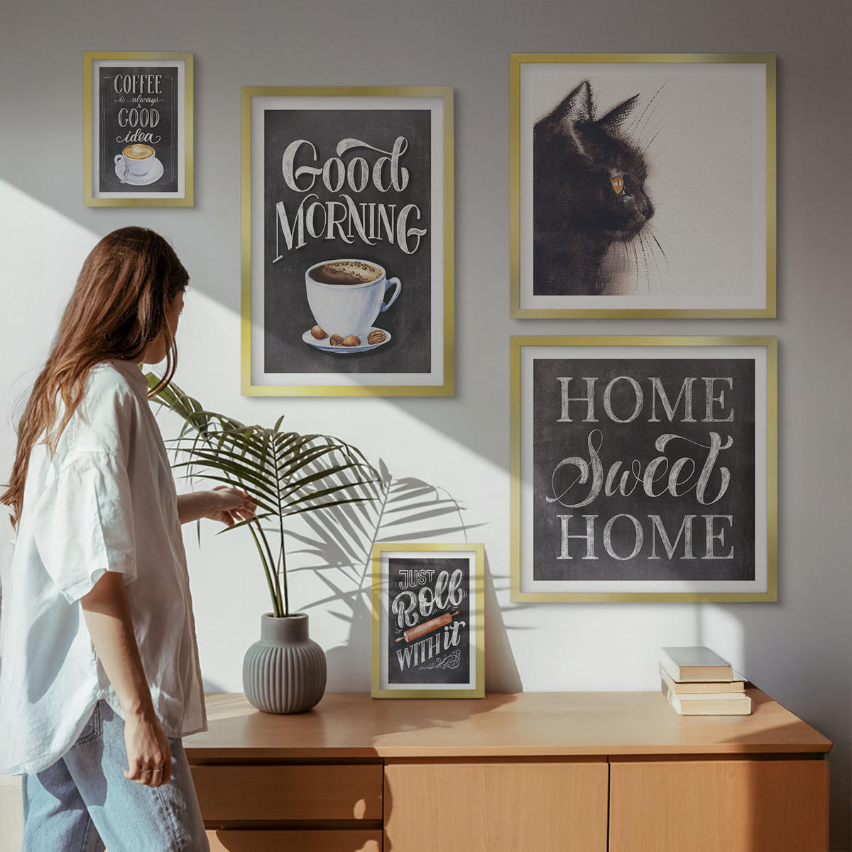 BILDER SET 5er Set - 50x50 cm & 20x30 cm & 40x60 cm Goldrahmen - Hausküchenthemen Katze - Goldfarben, Kunststoff (40/60cm) - TULUP