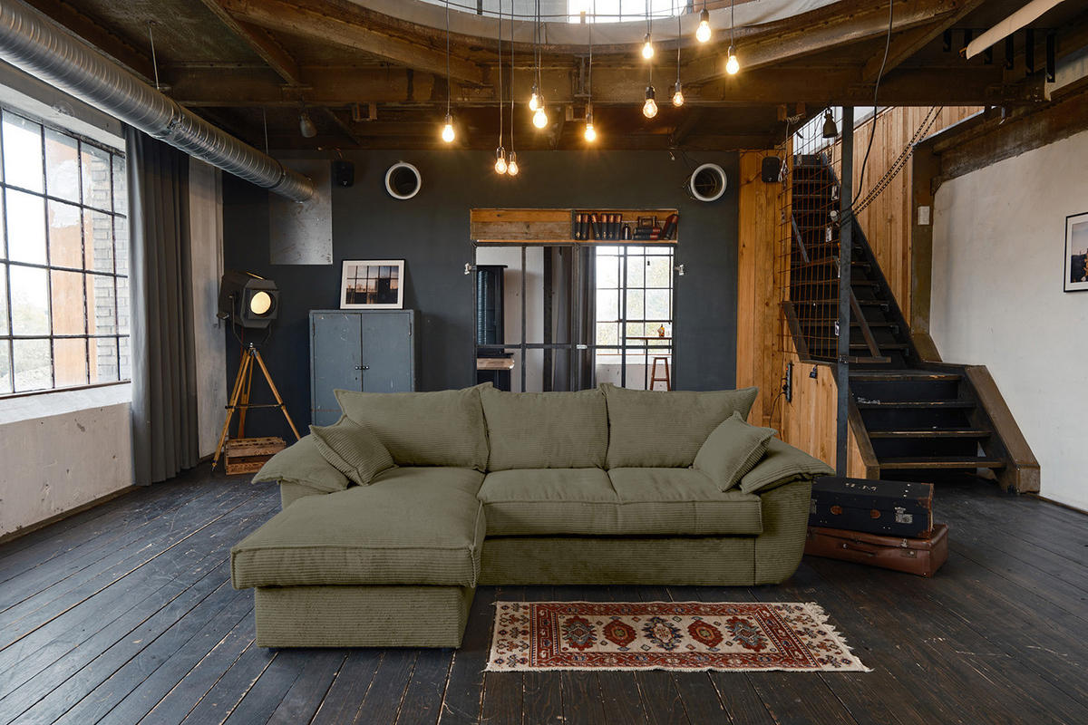 ECKSOFA DAMETO Grün Cord - Schwarz/Olivgrün, Kunststoff/Textil (266/174cm) - KAWOLA