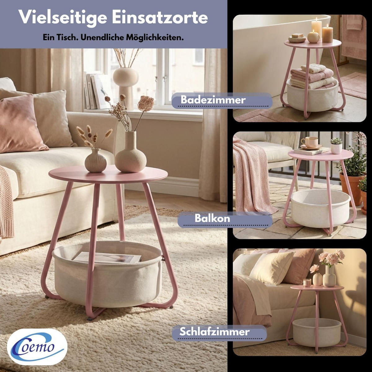 COUCHTISCH KOSI Metall mit Aufbewahrungskorb Canvas Pink - Rosa, Metall (50/50/45cm) - Coemo