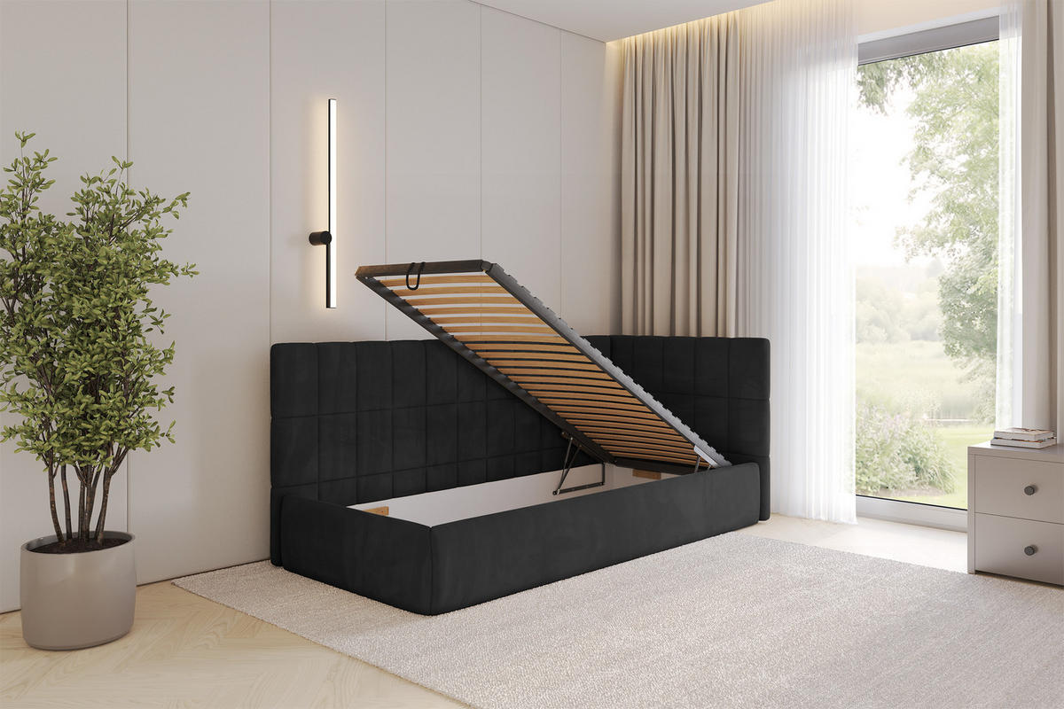 EINZELLBETT Jugendbett mit Bettkasten, Links - TULY 90x200 Schwarz - Schwarz, Holzwerkstoff/Textil (90/200cm) - ALTDECOR