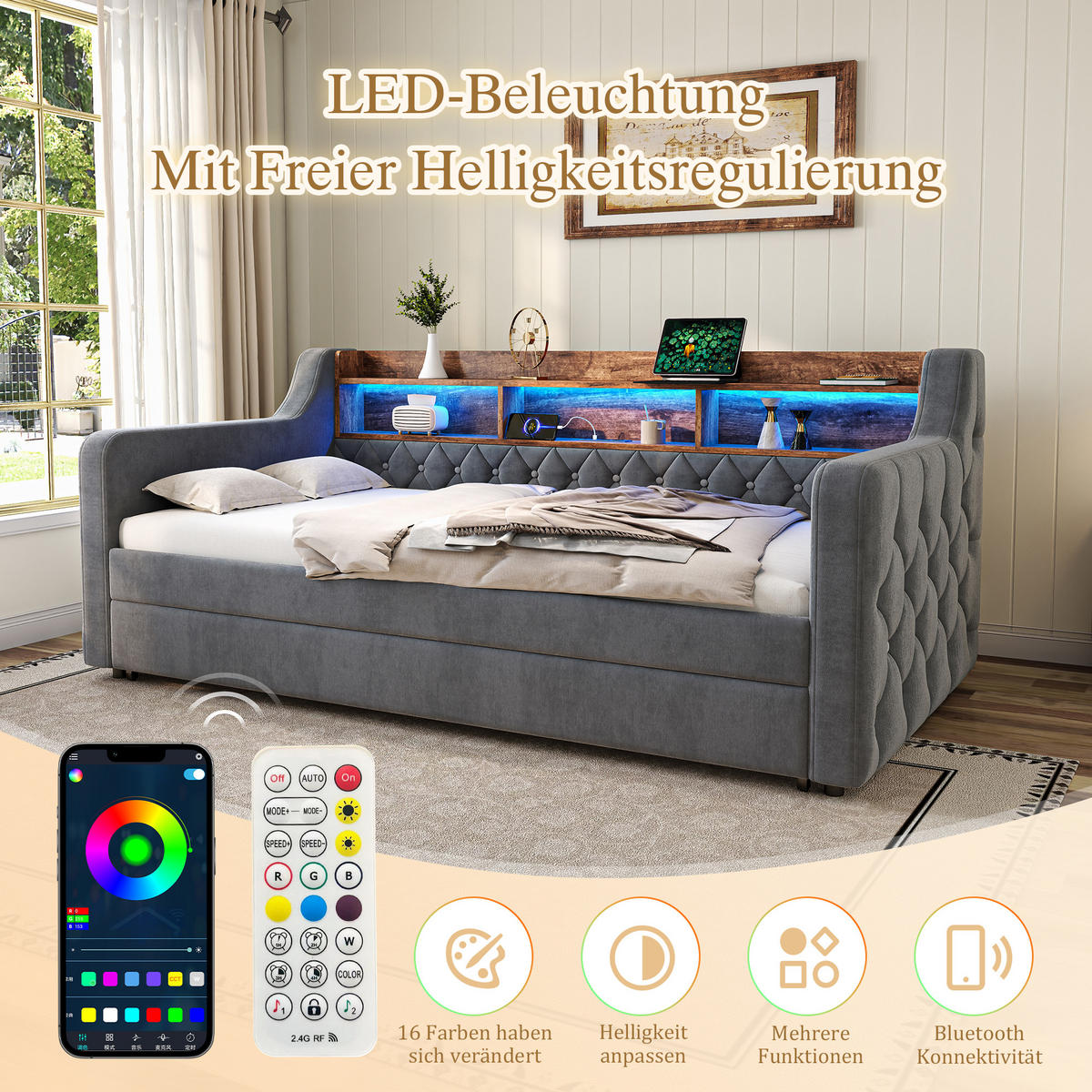 POLSTERBETT aus Samt 90x190 cm in Dunkelgrau mit LED & USB-C-Anschluss - Dunkelgrau, Textil (90/190cm) - Modfu