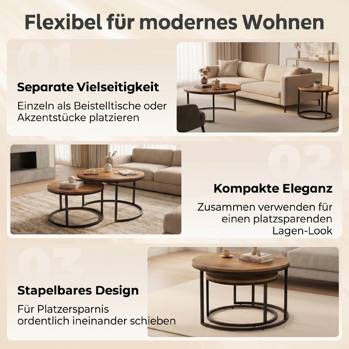 COUCHTISCH 2er Set Spanplatte Metall Braun - Schwarz/Braun, Holzwerkstoff/Metall (60/60/45cm) - HOMCOM