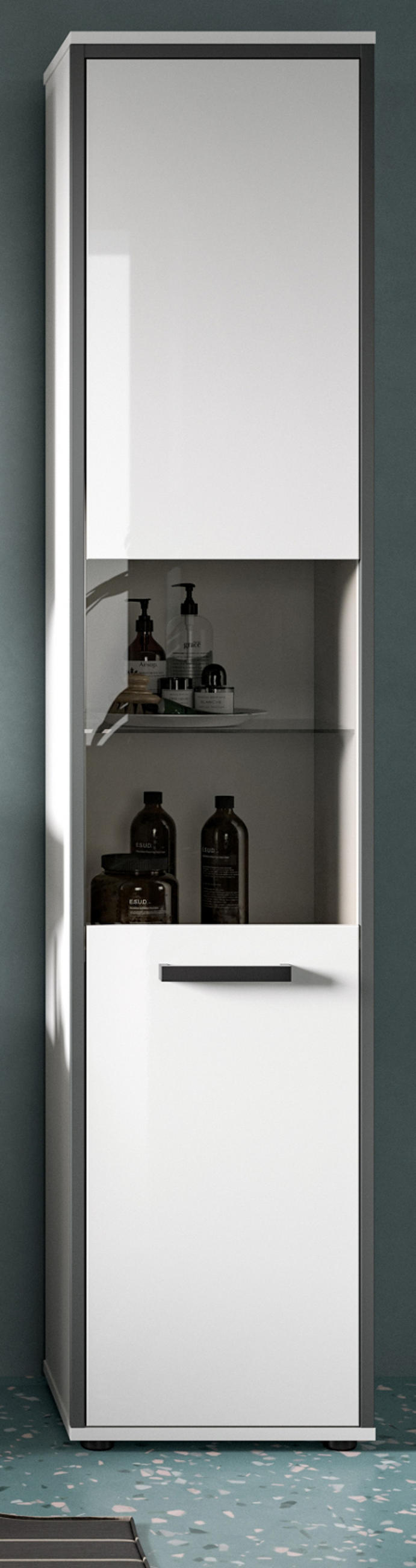 HOCHSCHRANK weiß Hochglanz, grau 40 cm, Badschrank, Türanschlag wechselbar - Weiß Hochglanz/Schwarz, Glas/Holzwerkstoff (40/188/34cm) - Inn.Furn