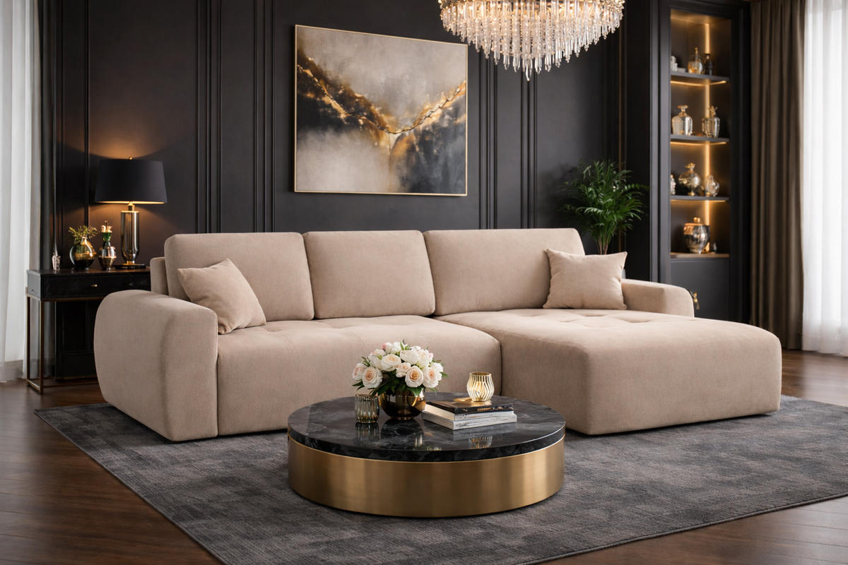 ECKSOFA Mit Schlaffunktion Und Bettkasten L-Form Ivo L, Veloursstoff Salvador, Beige, Rechts - Beige, Holz (250/142cm) - Kaiser Möbel