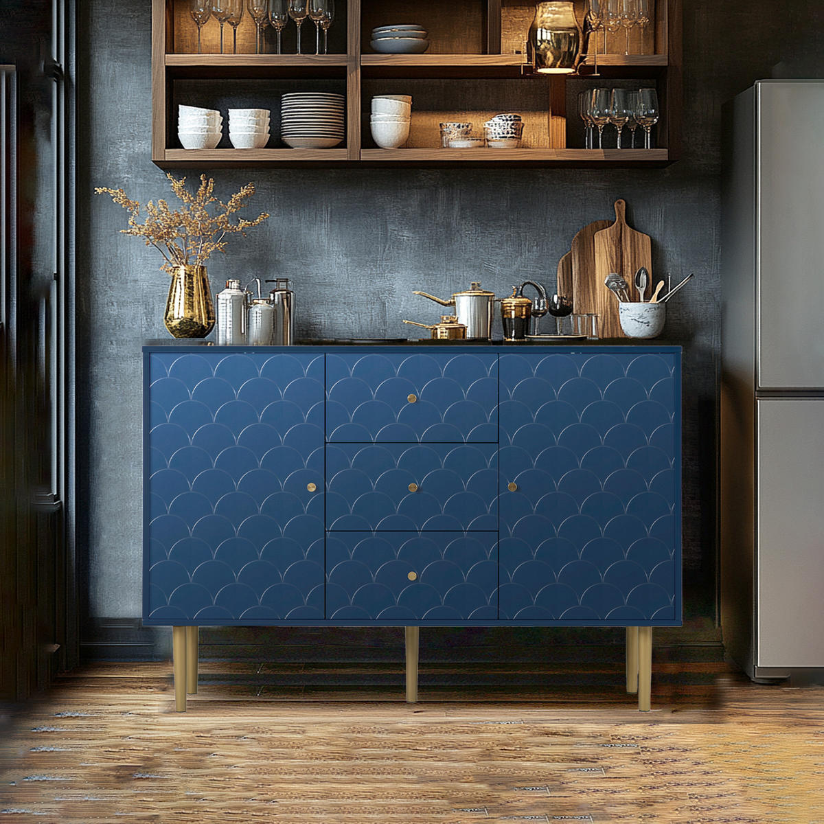 SIDEBOARD 2 Türen und 3 Schubladen, Verstellbare Ablage Blau 120/40/82CM - Blau, Holzwerkstoff/Metall (40/82/120cm) - Urban Meuble