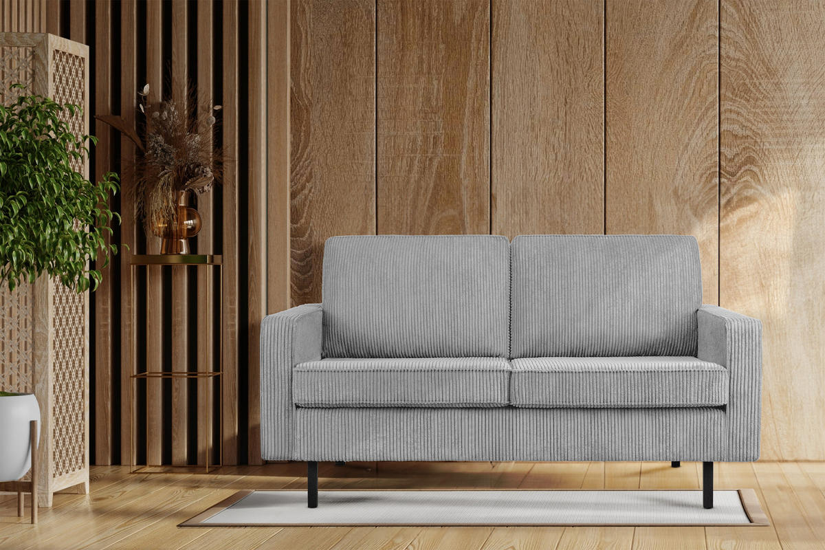 2-SITZER-SOFA INVIA Klassische-Stil mit Armlehnen, Feinkord-Stoff, Grau - Hellgrau/Schwarz, Textil (164/87/98cm) - KONSIMO®