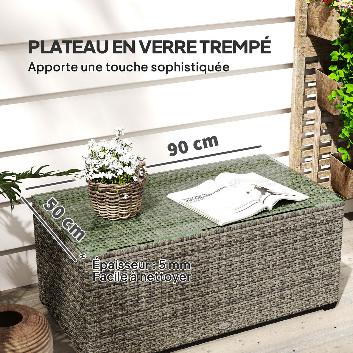 GARTENBEISTELLTISCH DE-13677 mit Glasplatte Dunkelgrau - Dunkelgrau, Metall (90/50/38cm) - ComfortXL