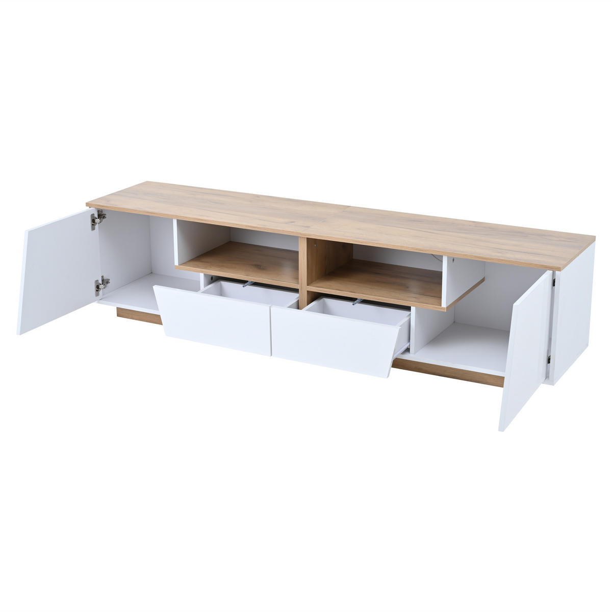 TV-SCHRANK 180/40/46 cm Weiß/Naturholz mit LED, 2 Schubladen und 2 Türen - Weiß, Holzwerkstoff (180/46/40cm) - Oxeza