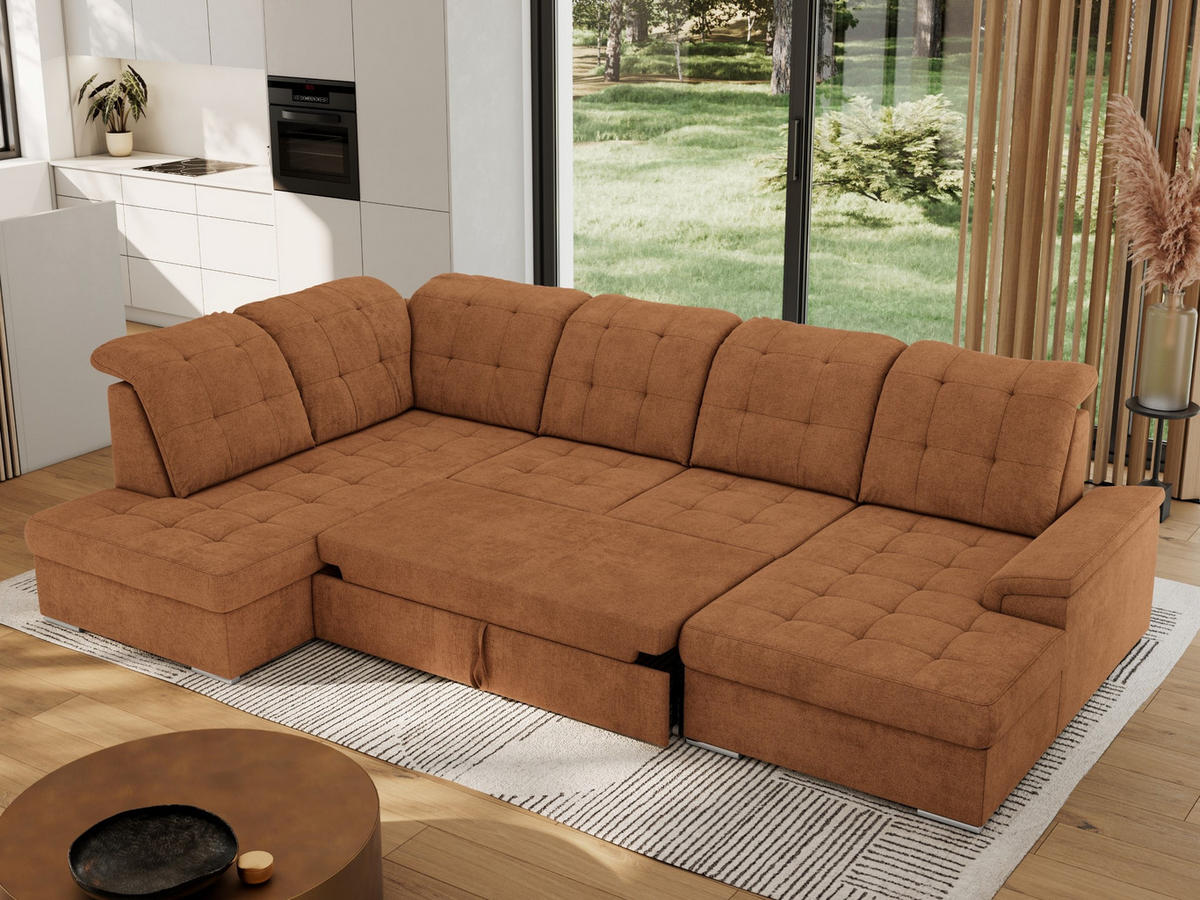 WOHNLANDSCHAFT MADRITO U - Orange Struktur - Links - Silberfarben/Orange, Textil/Metall (204/89/323cm) - MKS