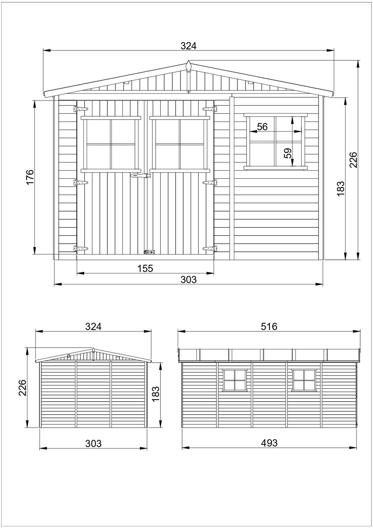 HOLZ-GARTHENHAUS MIT IMPRÄGNIERTEM BODEN - H226x516x324 cm/15 m² - M337+M337G - Beige, Holz (324/232/493cm) - Timbela