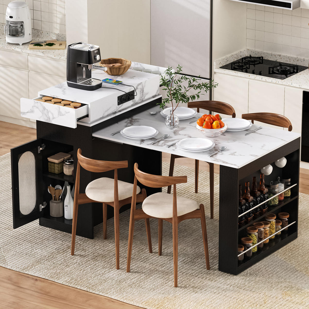 KÜCHENINSEL in Weiß und Schwarz Servierwagen mit Steckdosen und Haken für Esszimmer und Küche, B83/T46/H96 cm - Schwarz, Glas/Holzwerkstoff (83/96/46cm) - STILVORA