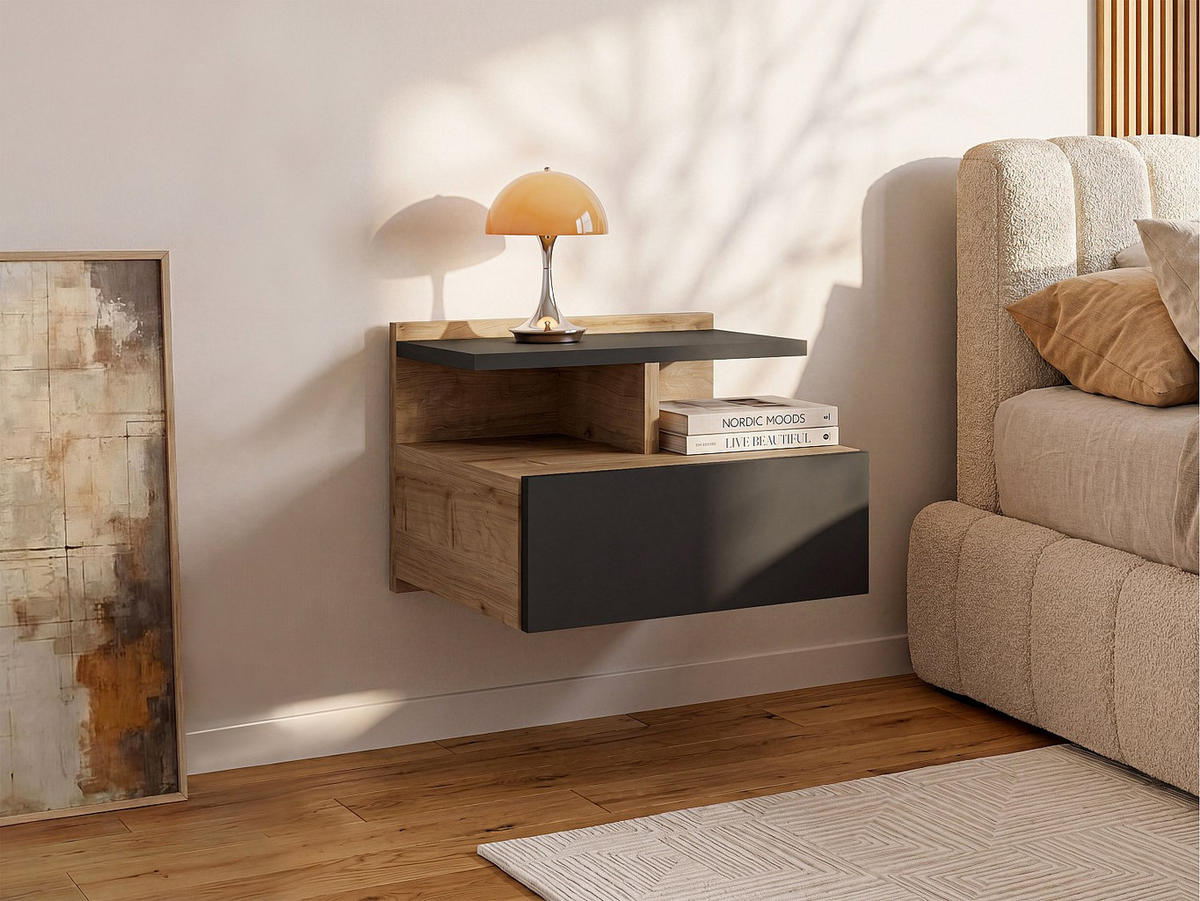 NACHTTISCH - 39.4 cm x 35 cm - Holz, Platte - Anthrazitgrau, Naturfarben Hell - AZELNO - Anthrazit/Naturfarben, Holz (39.4/32/35cm) - Vente-Unique