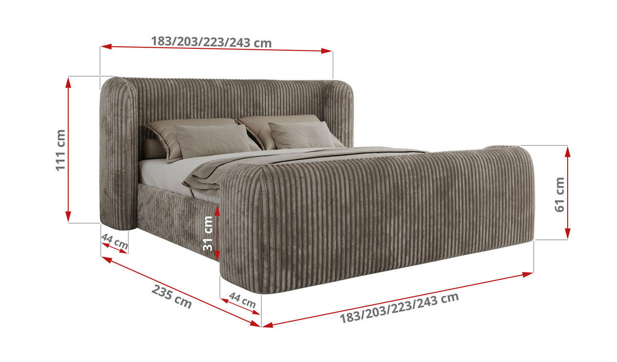 POLSTERBETT EMORA CLASSIC DUO 200/200 - Hellbraun Cord - Schaum-Matratze - Hellbraun, Textil (200/200cm) - MKS