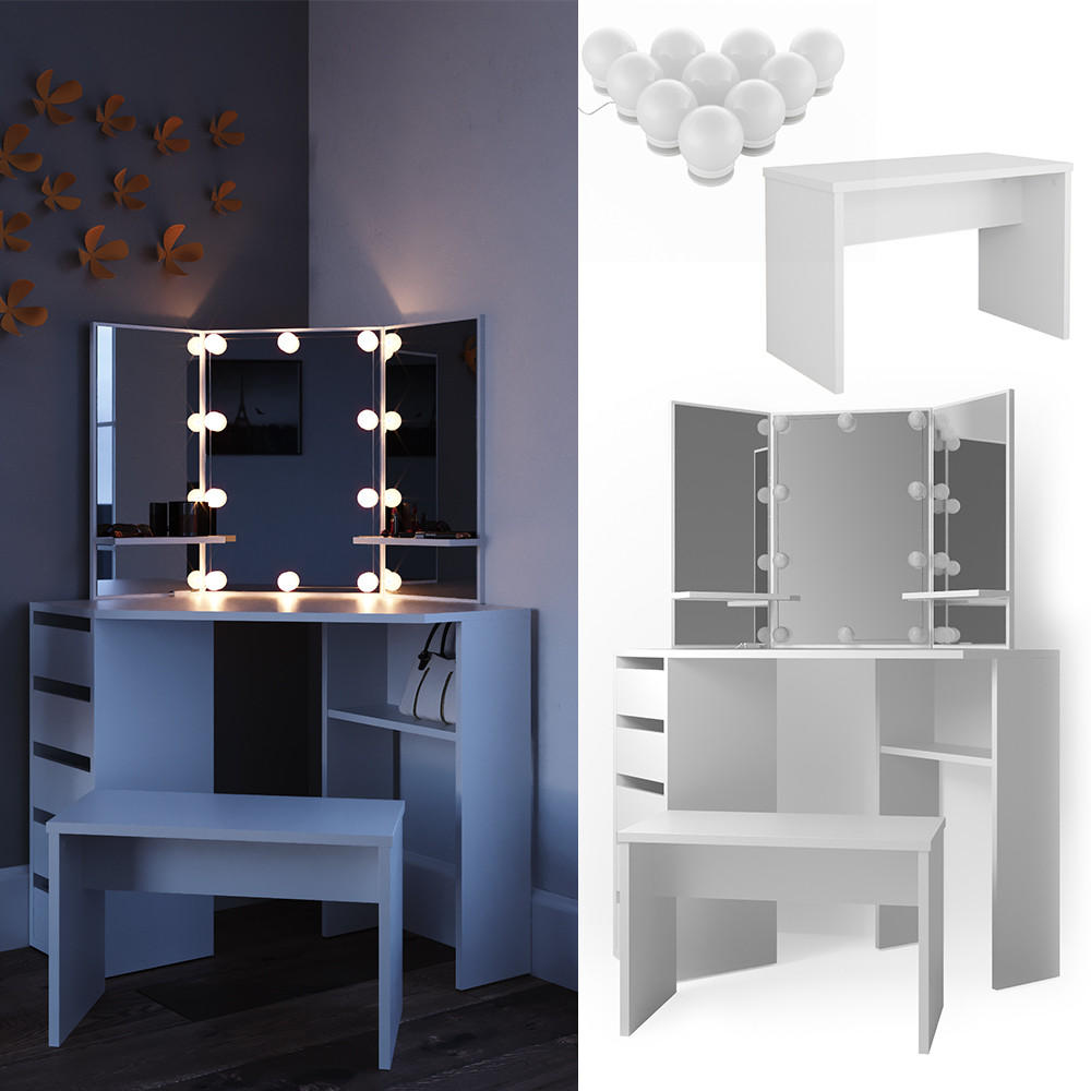 ECKSCHMINKTISCH Arielle Weiß 110 cm mit LED Beleuchtung und Bank - Weiß, Holzwerkstoff (110/141.5/54cm) - Vicco