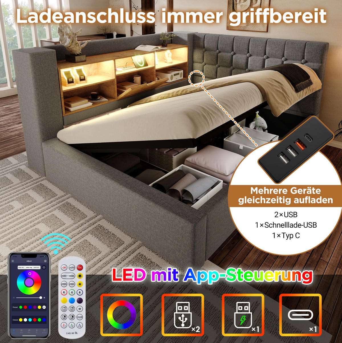 POLSTERBETT 140/200 cm mit LED-Beleuchtung, USB-Anschlüssen, hydraulischem Bettkasten und L-Kopfteil, Grau - Grau, Textil (140/200cm) - Redom