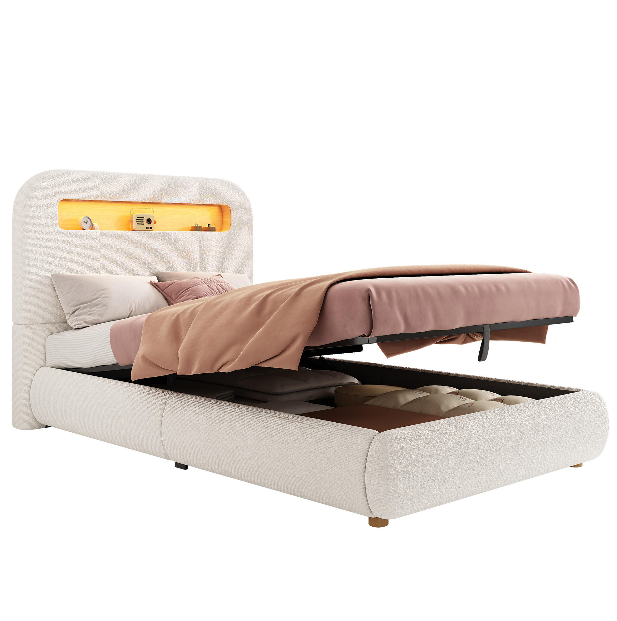 POLSTERBETT 90/200 cm Weiß aus Bouclé mit Stauraum und LED-Beleuchtung - Weiß, Textil (90/200cm) - OKMYHOME