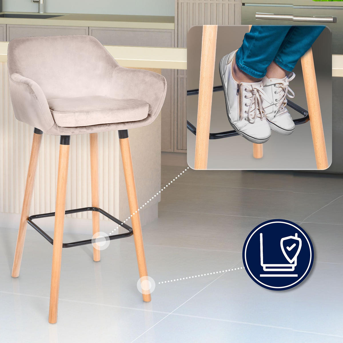 BARHOCKER Samt creme - Eukalyptusholzfarben/Creme, Holz/Textil (51/101/50cm) - CLP