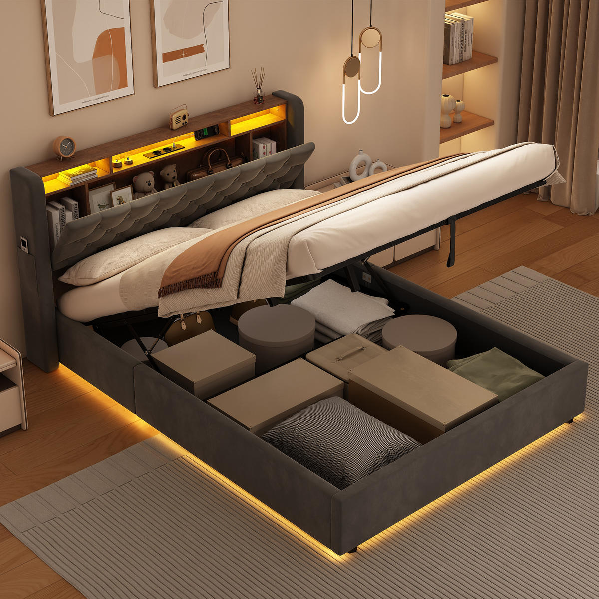 POLSTERBETT 140/200 cm mit hydraulischem Bettkasten, Schubladen, Klappbares Kopfteil, LED-Beleuchtung, Grau - Grau, Textil (140/200cm) - Redom