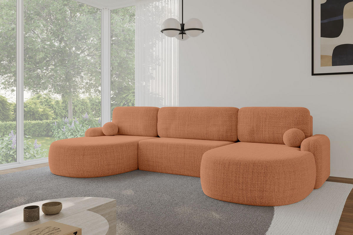 WOHNLANDSCHAFT mit Schlaffunktion und Bettkasten LIRA-U - 335x172x89 Apricot - Dunkelorange, Holzwerkstoff/Textil (335/89/172cm) - ALTDECOR
