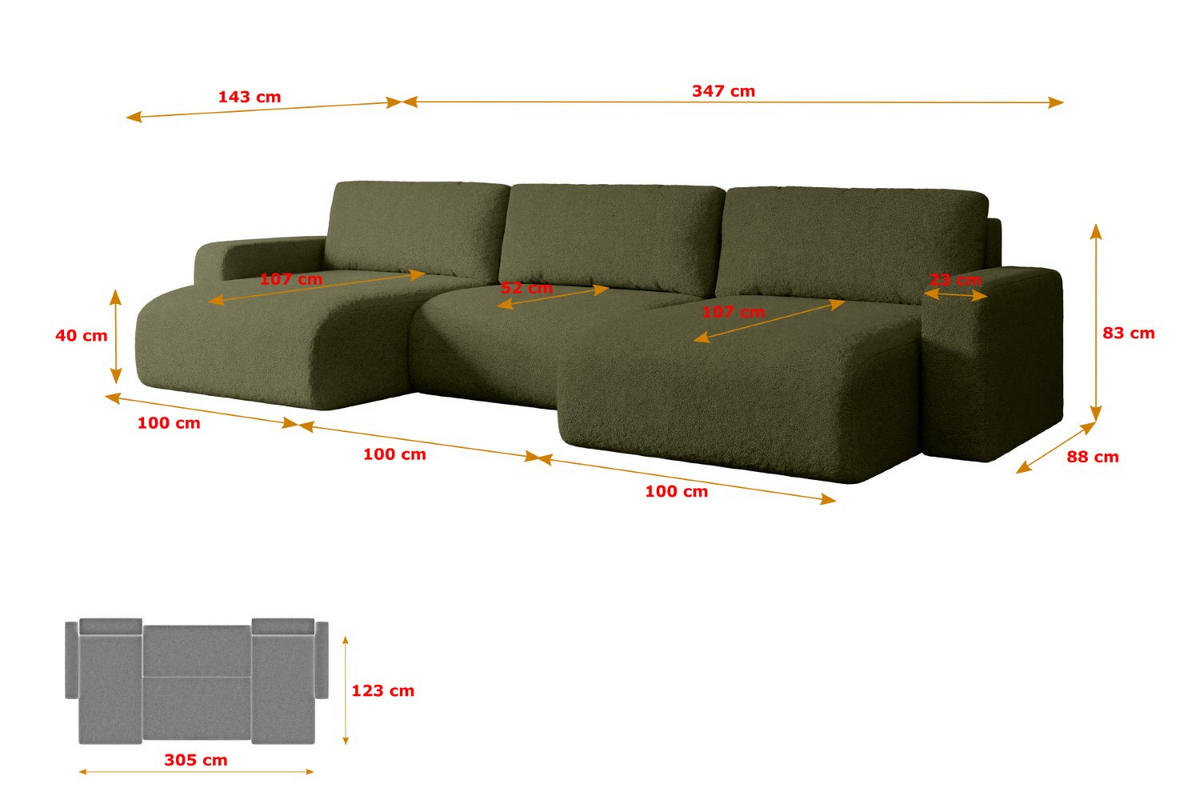 WOHNLANDSCHAFT mit Schlaffunktion und Bettkasten KLEEA-U - 347x143x83 cm Grün Bouclé - Schwarz/Grün, Holzwerkstoff/Kunststoff (347/83/143cm) - ALTDECOR