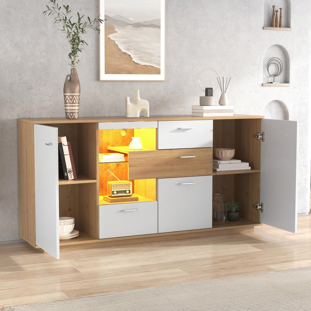 SIDEBOARD 160/40/77 cm, 2 Türen und 4 Schubladen, Holzoptik/Weiß mit einstellbarer 16-farbiger LED，Naturfarben - Naturfarben, Holzwerkstoff (160/77/40cm) - Redom