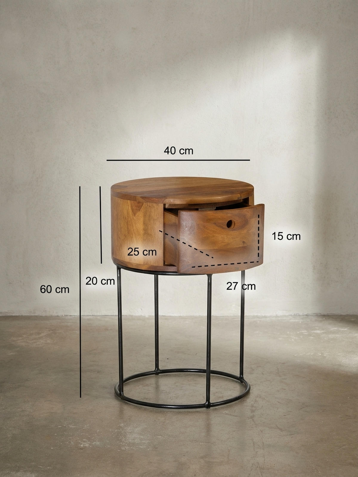 NACHTKONSOLE Massivholz mit Schublade rund Modern Braun - Schwarz/Braun, Holz/Metall (40/60/40cm) - KADIMA DESIGN