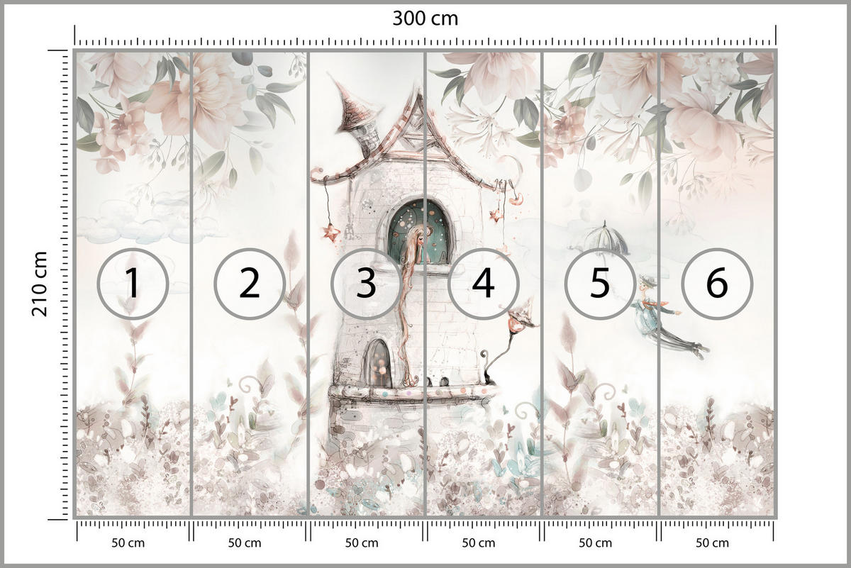 FOTOTAPETE für Kinderzimmer Prinzessin Turm Blumen Pflanzen 300x210 - Multicolor, Papier (300/210cm) - Muralo