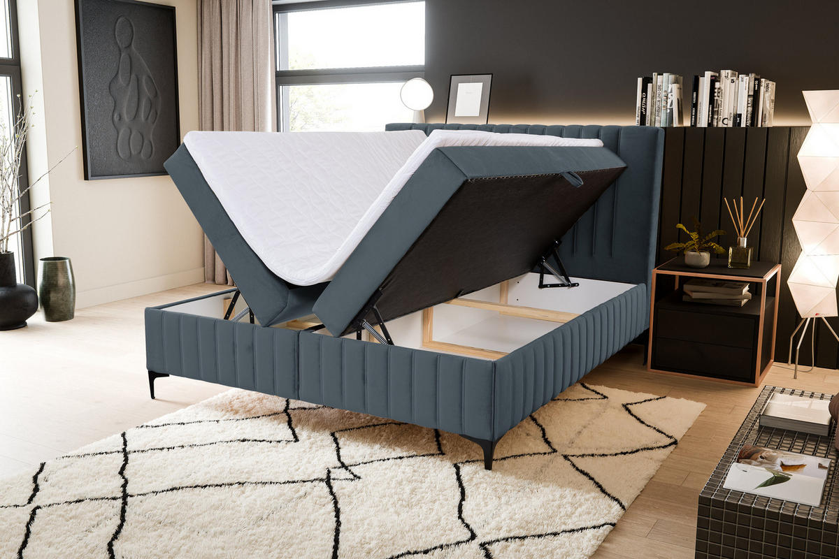 BOXBETT QUANT mit 2 Bettkästen, 160x200, Farbe: Dunkelgrau, Velourstoff, mit Bonell-Matratze inkl. Topper - Dunkelgrau, Holz/Kunststoff (160/200cm) - VENASI MÖBEL