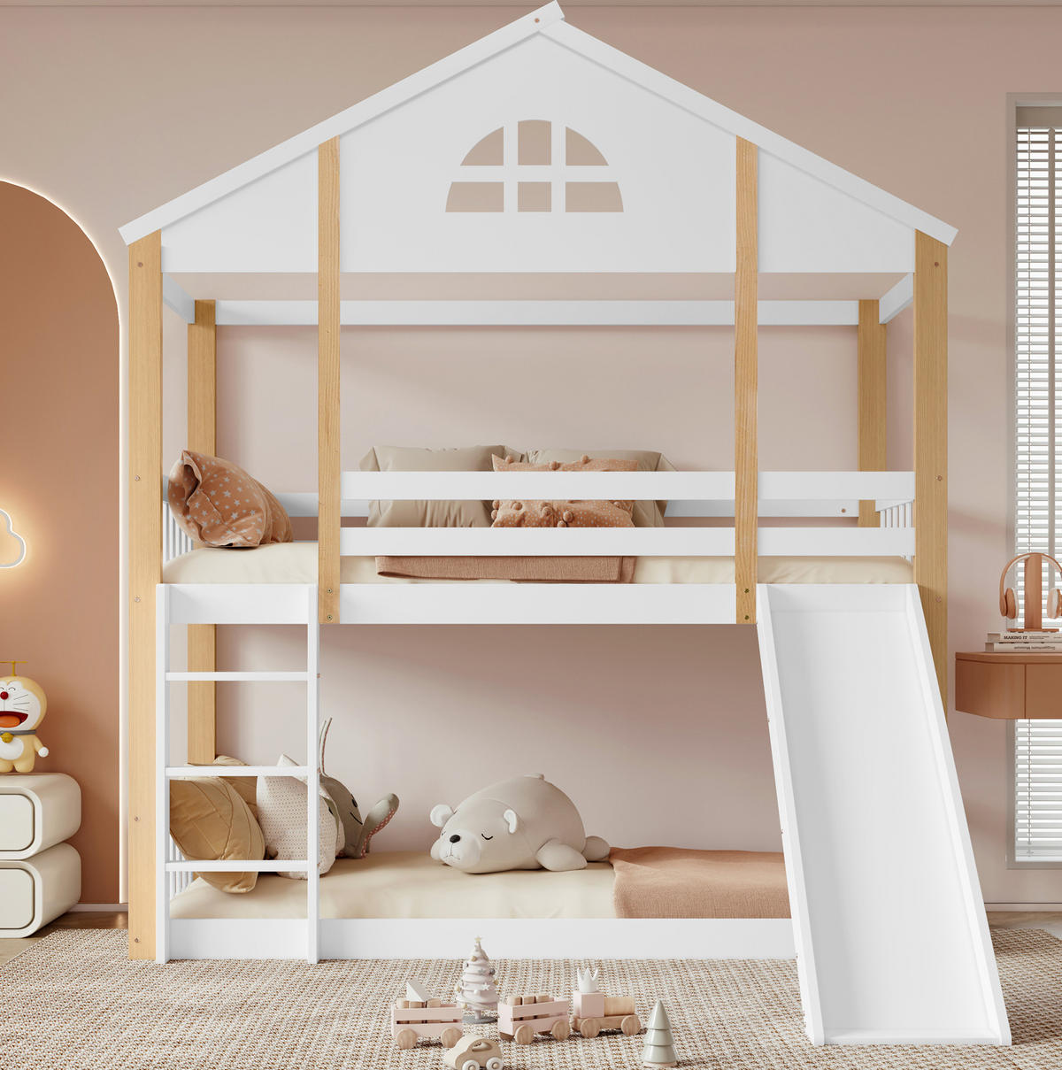 ETAGENBETT aus Kiefernholz und MDF 90x200 cm Weiß/Natur mit Rutsche und Treppe - Weiß, Holzwerkstoff (90/200cm) - IVMEU