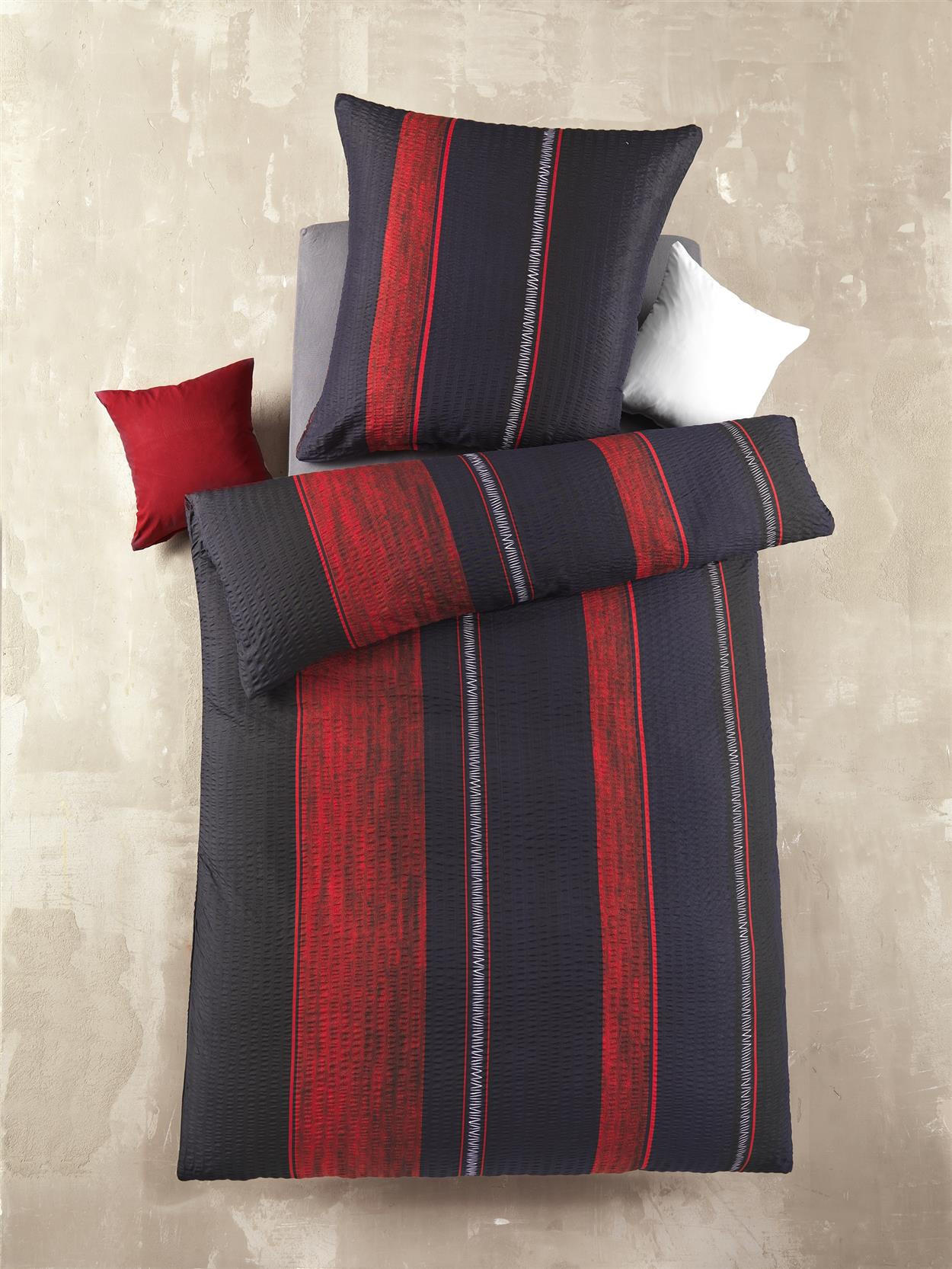 SEERSUCKER-BETTWÄSCHE 135x200 Streifen Sommer Bettbezug Bügelfrei aus 100% Polyester, Bettbezüge Schwarz Rot gestreift - Rot, Textil (135/200cm) - Carpe Sonno